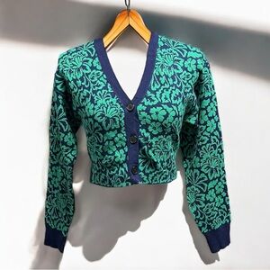 🌻NEW Offline by Aerie Green/Blue Patterned V-Neck Cropped Cardigan Size S